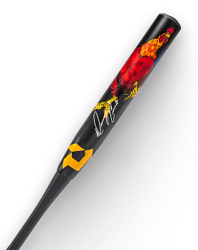 Black baseball bat with a colorful rooster illustration and a yellow geometric logo.